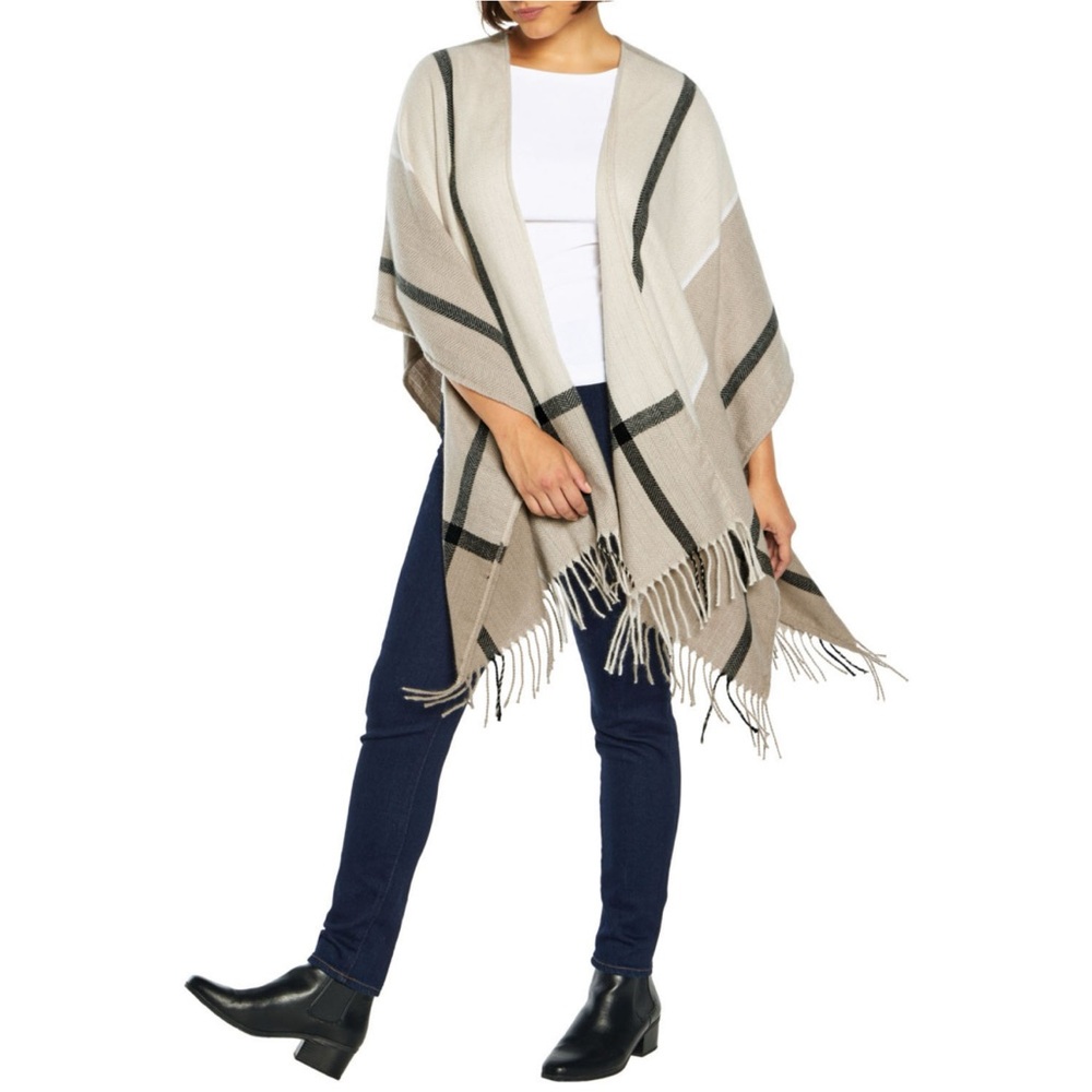 NWT THREE DOTS Cashmere Blend Wrap w/Fringe in Miranda Plaid Neutral